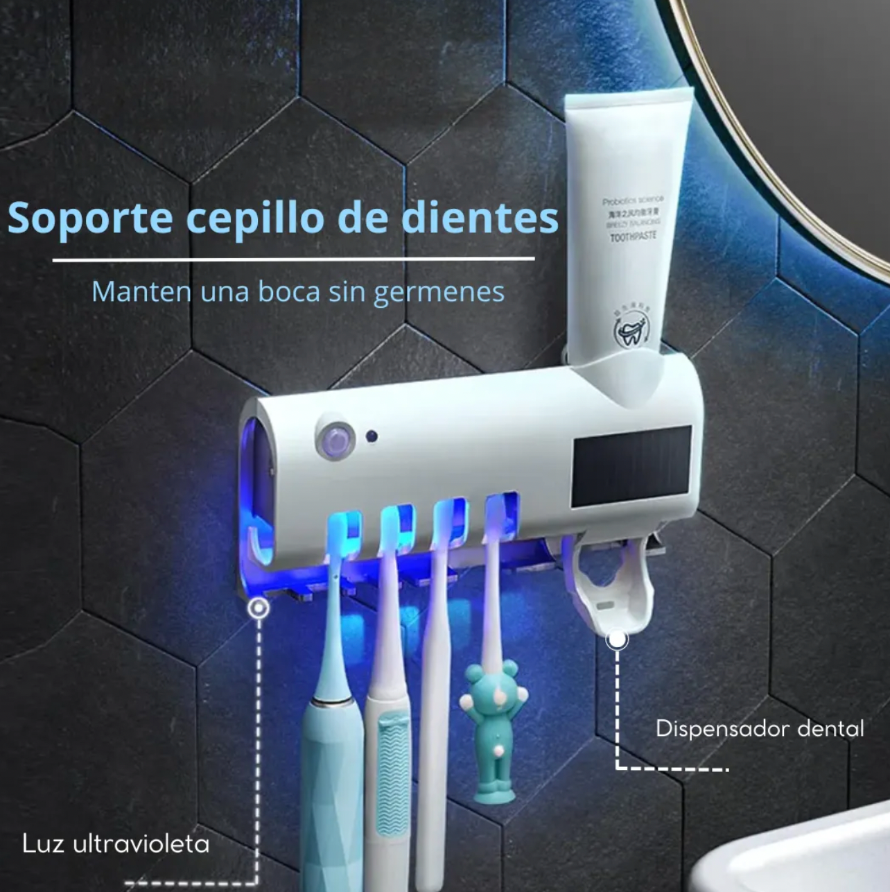 SOPORTE DE CEPILLOS 3 EN 1 | ESTERILIZADOR, ORGANIZADOR Y DISPENSADOR